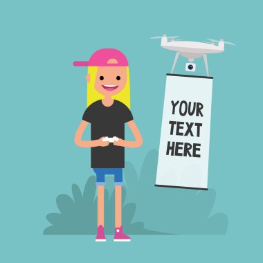 Reklam teknoloji robot. Metninizi buraya. Genç kadın karakter bir dron / düz düzenlenebilir bir uzaktan kumanda ile kontrol vektör resim, küçük resim