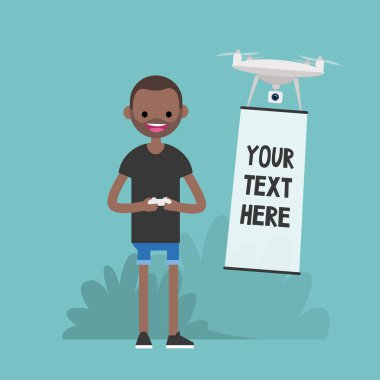 Reklam teknoloji robot. Metninizi buraya. Bir dron / düz düzenlenebilir bir uzaktan kumanda ile kontrol genç siyah karakter vektör resim, küçük resim