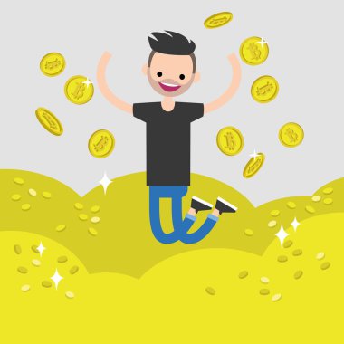 Genç karakter incelemesi bitcoins. Kavramsal karikatür resim, küçük resim