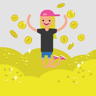 Genç karakter incelemesi bitcoins. Kavramsal karikatür resim, küçük resim