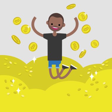 Genç karakter incelemesi bitcoins. Kavramsal karikatür resim, küçük resim