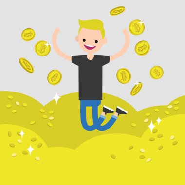 Genç karakter incelemesi bitcoins. Kavramsal karikatür resim, küçük resim