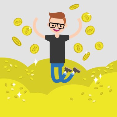 Genç karakter incelemesi bitcoins. Kavramsal karikatür resim, küçük resim