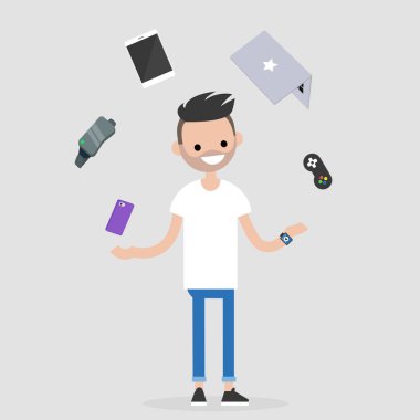 Genç bin yıllık karakter dönüşümü elektronik cihazlar: cep telefonu, sanal gerçeklik gözlükleri, tablet, dizüstü bilgisayar ve oyun kumandası. Çoklu görev / düzenlenebilir düz illüstrasyon vektör
