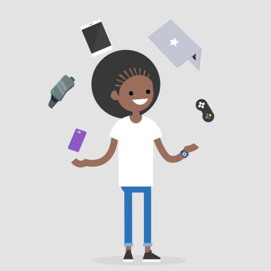 Genç kadın bin yıllık karakter dönüşümü elektronik cihazlar: cep telefonu, sanal gerçeklik gözlükleri, tablet, dizüstü bilgisayar ve oyun kumandası. Çoklu görev / düzenlenebilir düz illüstrasyon vektör