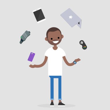 Genç bin yıllık karakter dönüşümü elektronik cihazlar: cep telefonu, sanal gerçeklik gözlükleri, tablet, dizüstü bilgisayar ve oyun kumandası. Çoklu görev / düzenlenebilir düz illüstrasyon vektör