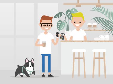 Sıcak kahve dükkanı. Modern bir yaşam tarzı. Genç müşteri bir fincan kahve satın alma telefon teknolojisi tarafından bir ödeme ile gitmek. Hippi kentsel yaşam tarzı / düz düzenlenebilir vektör çizim, küçük resim. 