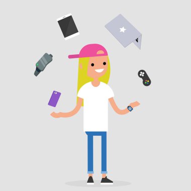 Genç kadın bin yıllık karakter dönüşümü elektronik cihazlar: cep telefonu, sanal gerçeklik gözlükleri, tablet, dizüstü bilgisayar ve oyun kumandası. Çoklu görev / düzenlenebilir düz illüstrasyon vektör