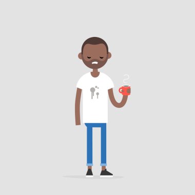 Dökülen kahve. Genç lekeli bir t-shirt giyen karakter rahatsız. Kavram. Sorun. Düz düzenlenebilir vektör çizim, küçük resim