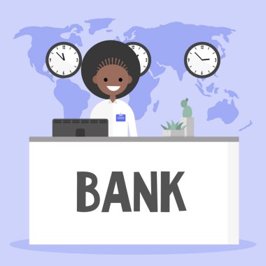 Banka resepsiyon masası duran Yöneticisi gülümseyerek. Financi