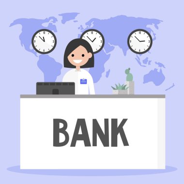 Banka resepsiyon masası duran gülümseyen kadın Yöneticisi. 