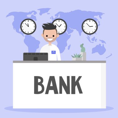 Banka resepsiyon masası duran Yöneticisi gülümseyerek. Financi