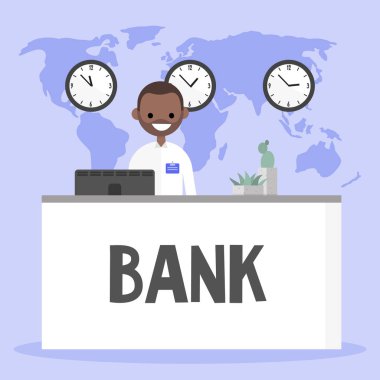 Banka resepsiyon masası duran Yöneticisi gülümseyerek. Financi