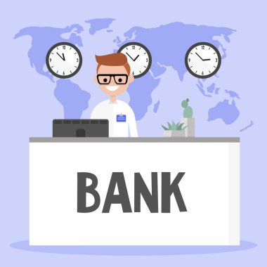 Banka resepsiyon masası duran Yöneticisi gülümseyerek. Finansal danışmanlık. Servisi. Düz düzenlenebilir vektör çizim, küçük resim