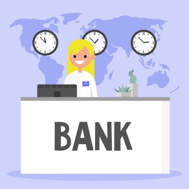 Banka resepsiyon masası duran gülümseyen kadın Yöneticisi. Finansal danışmanlık. Servisi. Düz düzenlenebilir vektör çizim, küçük resim
