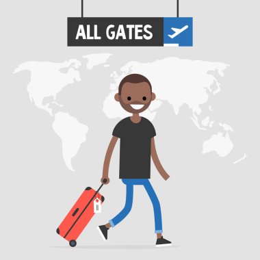 Siyah yolcu tarafından havaalanında bir el çantası ile yürüyüş gülümseyerek. İllüstrasyon seyahat. Tüm gates işareti. Uçuş. Düz vektör, küçük resim