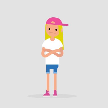 Genç erkek karakter ayakta çapraz kolları olan ve baş eğerek şüphe. Negatif duygular. Endişe. / düzenlenebilir vektör çizim düz