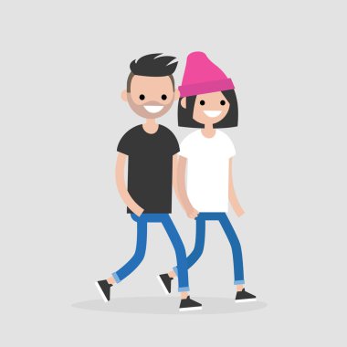 Genç yürüyüş ve elele çift. Romantik ilişkiler. Seviyorum. Düz düzenlenebilir vektör çizim, küçük resim