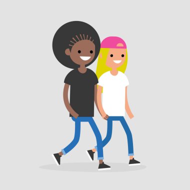 Yürüyüş ve el ele tutuşarak genç lezbiyen bir çift. Romantik ilişkiler. Seviyorum. Dostluk. LGBT. düz düzenlenebilir vektör çizim, küçük resim