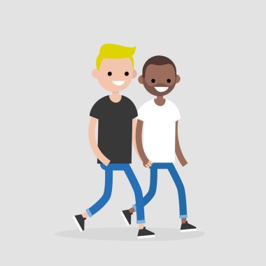 Yürüyüş ve el ele tutuşarak genç gay çift. LGBT. romantik ilişkiler. Seviyorum. Düz düzenlenebilir vektör çizim, küçük resim