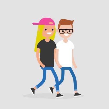 Genç yürüyüş ve elele çift. Romantik ilişkiler. Seviyorum. Düz düzenlenebilir vektör çizim, küçük resim
