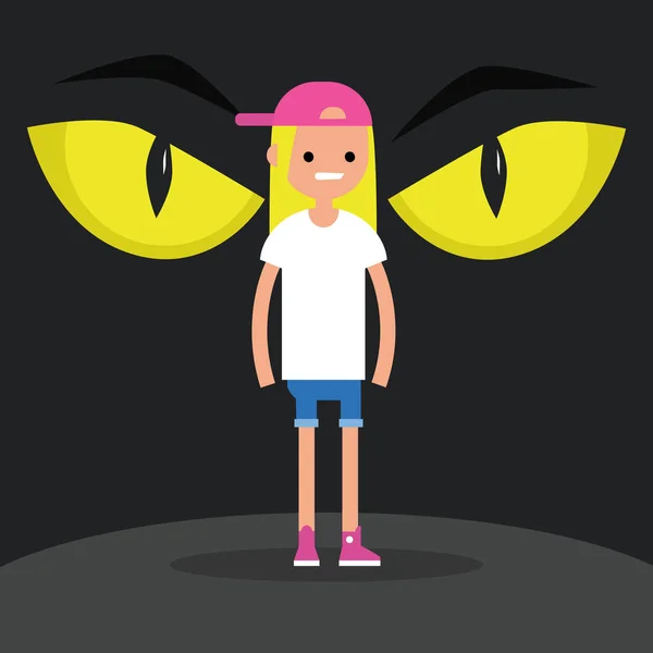 Концептуальная Иллюстрация Ужасов Huge Yellow Eyes Character Back Flat Editable — стоковый вектор