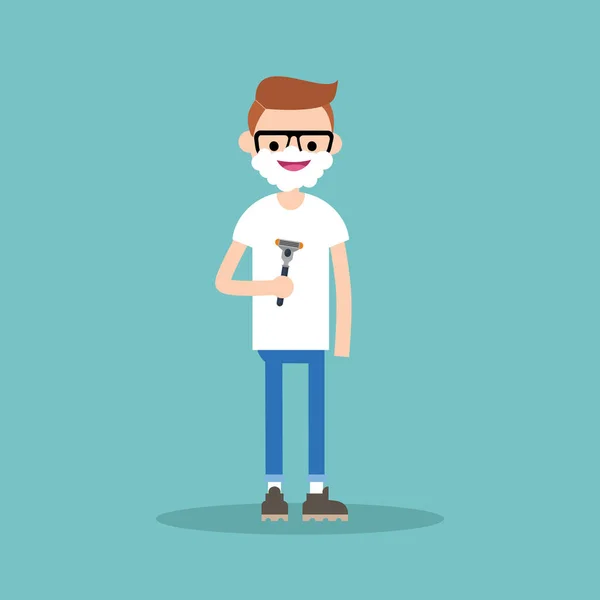 Personaje Joven Afeitándose Cara Plana Editable Vector Ilustración Clip Art — Vector de stock