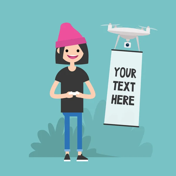 Tecnología Publicidad Drones Mensaje Aquí Personaje Femenino Joven Que Controla — Vector de stock