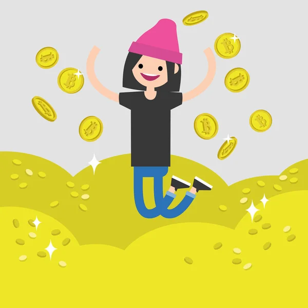 Fiatal Karakter Bányászati Bitcoins Fogalmi Rajzfilm Illusztráció Clipart Elemek Felvétele — Stock Vector