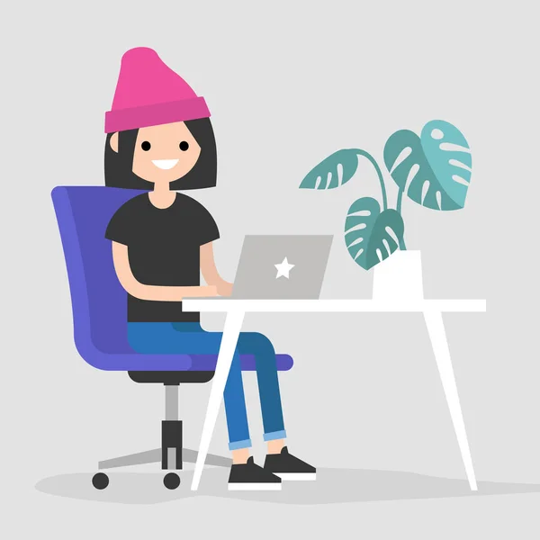 工作空间 年轻女性字符打字在膝上型电脑 平面可编辑矢量插图 剪贴画 — 图库矢量图片