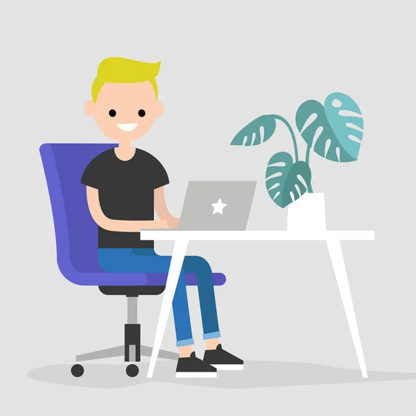 Espaço Trabalho Jovem Personagem Digitando Laptop Plana Ilustração Vetorial Editável —  Vetores de Stock