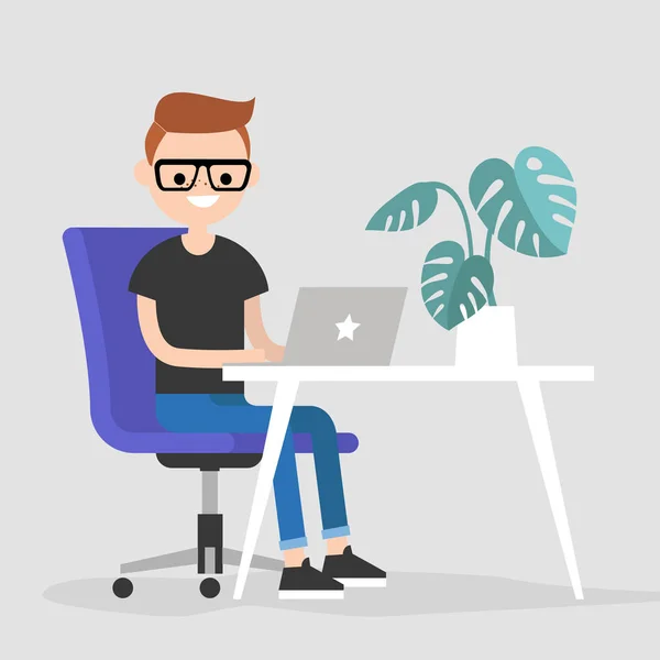 Espaço Trabalho Jovem Personagem Digitando Laptop Plana Ilustração Vetorial Editável —  Vetores de Stock