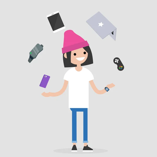 Joven Personaje Milenario Femenino Haciendo Malabares Con Los Dispositivos Electrónicos — Vector de stock