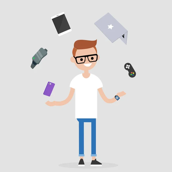 Νέοι Χιλιετή Χαρακτήρα Juggling Τις Ηλεκτρονικές Συσκευές Κινητό Τηλέφωνο Γυαλιά — Διανυσματικό Αρχείο
