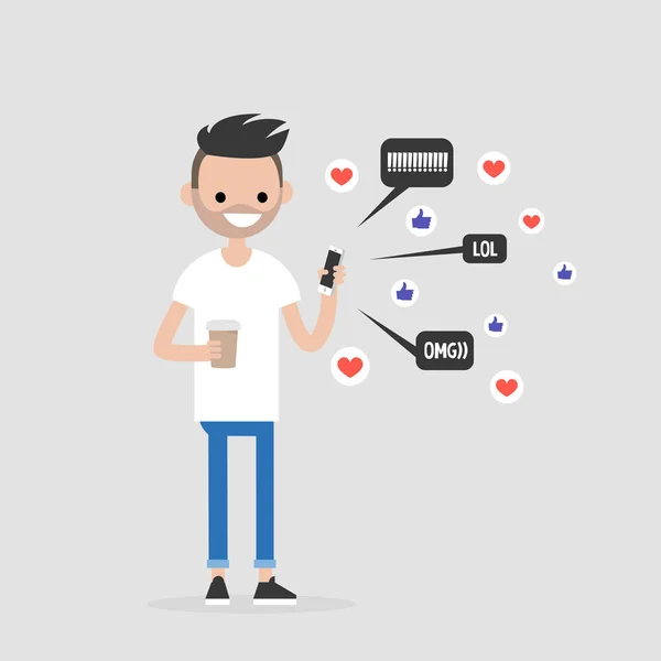 Personaje Joven Que Comprueba Las Notificaciones Emergentes Teléfono Móvil Estilo — Vector de stock