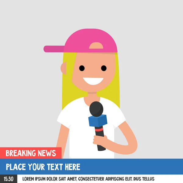 Breaking news. Young smiling reporter holding a microphone. Mock — Stock Vector