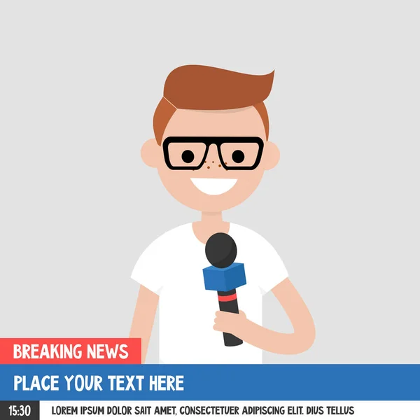 Breaking news. Young smiling reporter holding a microphone. Mock — Stock Vector