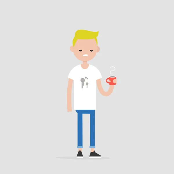 Café Derramado Joven Personaje Molesto Con Una Camiseta Manchada Concepto — Vector de stock