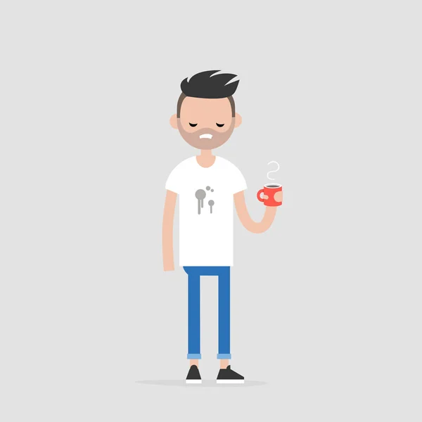 Café Derramado Joven Personaje Molesto Con Una Camiseta Manchada Concepto — Vector de stock