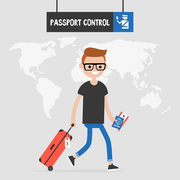 Νεαρός Ταξιδιώτης Περνώντας Ένα Έλεγχο Διαβατηρίων Διεθνή Πτήση Σημάδι Πλοήγησης — Διανυσματικό Αρχείο