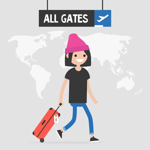 Mosolygó Női Utas Gyaloglás Repülőtér Egy Kézipoggyász Utazás Illusztráció Minden — Stock Vector