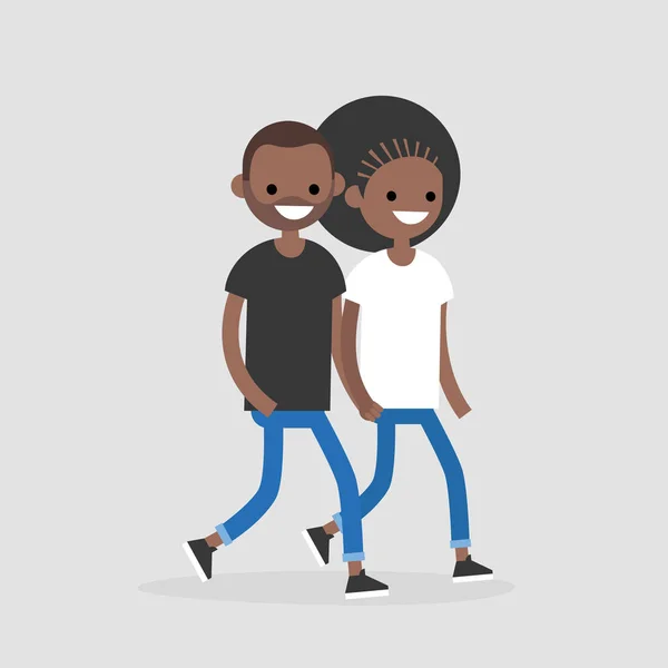 Joven Pareja Negra Caminando Tomados Mano Relaciones Románticas Amor Ilustración — Vector de stock