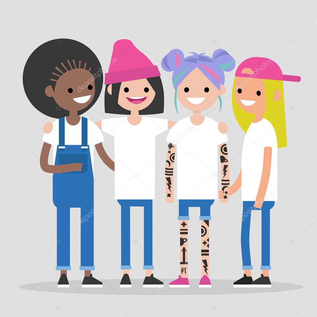 Female friendship. Girl power. Four cute girls of different nationalities hugging and smiling. Having fun together. Flat editable vector illustration, clip art