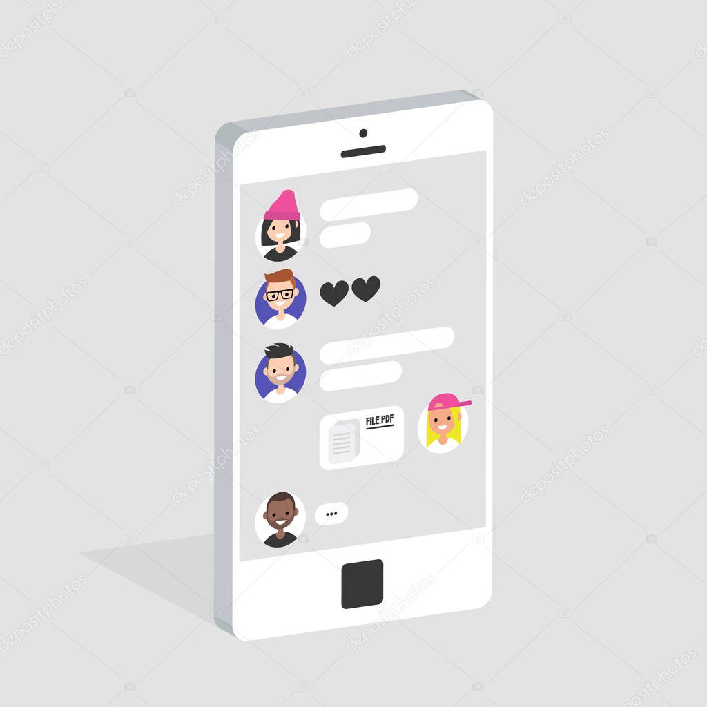 Group chat conceptual illustration. Different elements of online conversation: speech bubbles, icons, file transfer. Isometric Mobile messenger interface. Flat editable vector, clip art