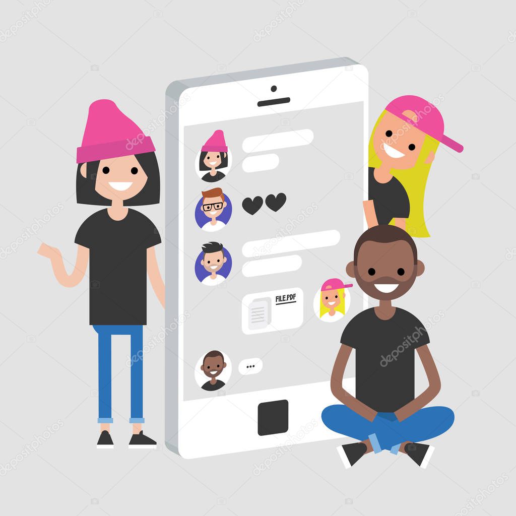 Group chat conceptual illustration. Young millennials sitting and standing around the smartphone. Isometric Mobile messenger interface. Flat editable vector, clip art