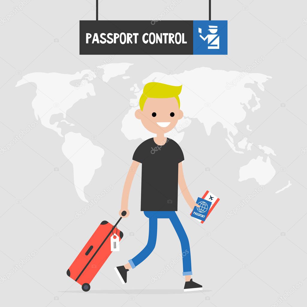 Young traveler passing a passport control. International Flight. Navigation sign. Tourism. World map. Flat editable vector illustration, clip art
