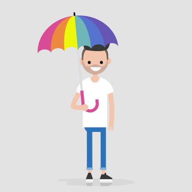LGBTQ. Lgbt yaşam tarzı. Bir gökkuşağı şemsiye tutan genç karakter. Koruma. Kapak. Düz düzenlenebilir vektör çizim, küçük resim