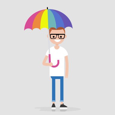 LGBTQ. Lgbt yaşam tarzı. Bir gökkuşağı şemsiye tutan genç karakter. Koruma. Kapak. Düz düzenlenebilir vektör çizim, küçük resim