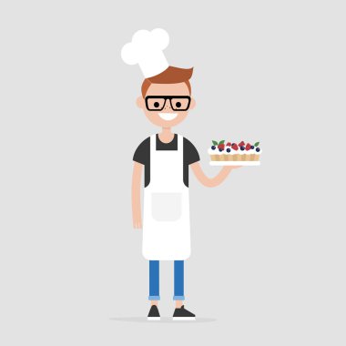 Berry kek tutan genç neşeli Şef. Ekmek. Tatlı. Restoran. Gastronomi. Gurme. Düz düzenlenebilir vektör çizim, küçük resim