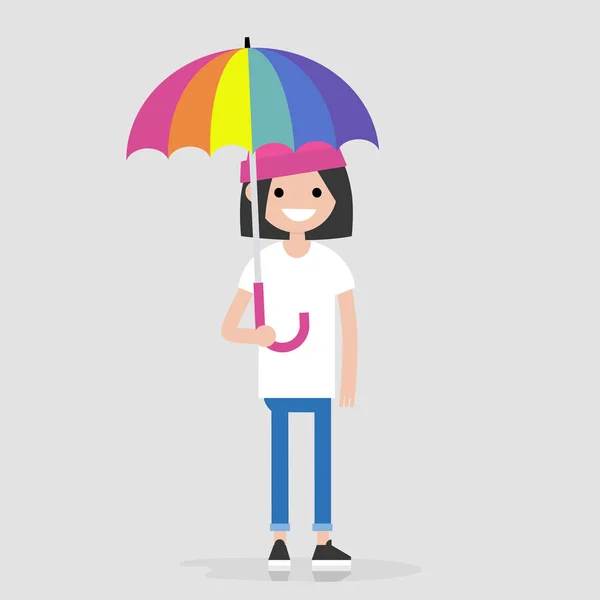 Lgbtq Lgbt Lifestyle Young Character Holding Rainbow Umbrella Protection Cover — Stock Vector